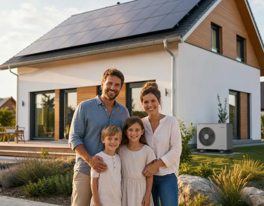 Fertighaus mit PV und Wärmepumpe: Minergie-Förderung sichern Junge Familie vor ihrem neu gebauten Fertighaus mit Photovoltaik-Anlage und Wärmepumpe – Minergie-Neubau in der Schweiz