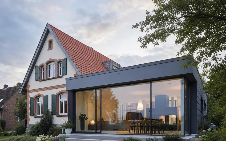 Moderner Flachdach-Anbau mit Glasfront an einem Schweizer Bestandshaus als Modul-Erweiterung Moderner Flachdach-Anbau mit Glasfront an einem Schweizer Bestandshaus als Modul-Erweiterung