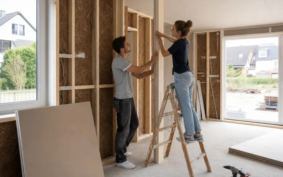 Innenansicht eines Ausbauhauses mit Bauherrschaft beim Ausbau in Eigenleistung zur Kostensenkung Innenansicht eines Ausbauhauses mit Bauherrschaft beim Ausbau in Eigenleistung zur Kostensenkung