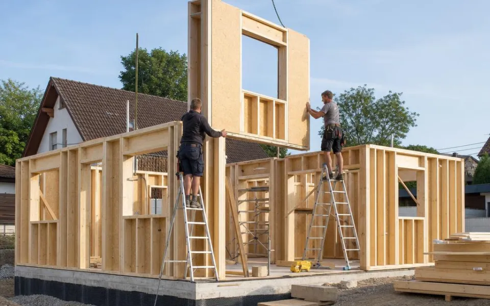 Bausatzhaus im Selbstaufbau: Wandelemente werden montiert als preiswerter Weg zum Eigenheim Bausatzhaus im Selbstaufbau: Wandelemente werden montiert als preiswerter Weg zum Eigenheim