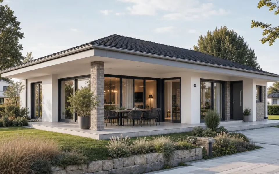 Ebenerdiger Bungalow mit gedeckter Terrasse und bodentiefen Fenstern für hindernisfreies Wohnen Ebenerdiger Bungalow mit gedeckter Terrasse und bodentiefen Fenstern für hindernisfreies Wohnen