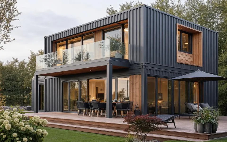 Containerhaus mit anthrazitfarbener Metallfassade, Holzdeck und Glasschiebetüren in der Schweiz Containerhaus mit anthrazitfarbener Metallfassade, Holzdeck und Glasschiebetüren in der Schweiz