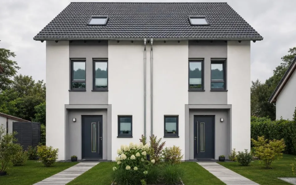 Doppelhaus in Fertigbauweise mit zwei gespiegelten Wohneinheiten in der Deutschschweiz Doppelhaus in Fertigbauweise mit zwei gespiegelten Wohneinheiten in der Deutschschweiz