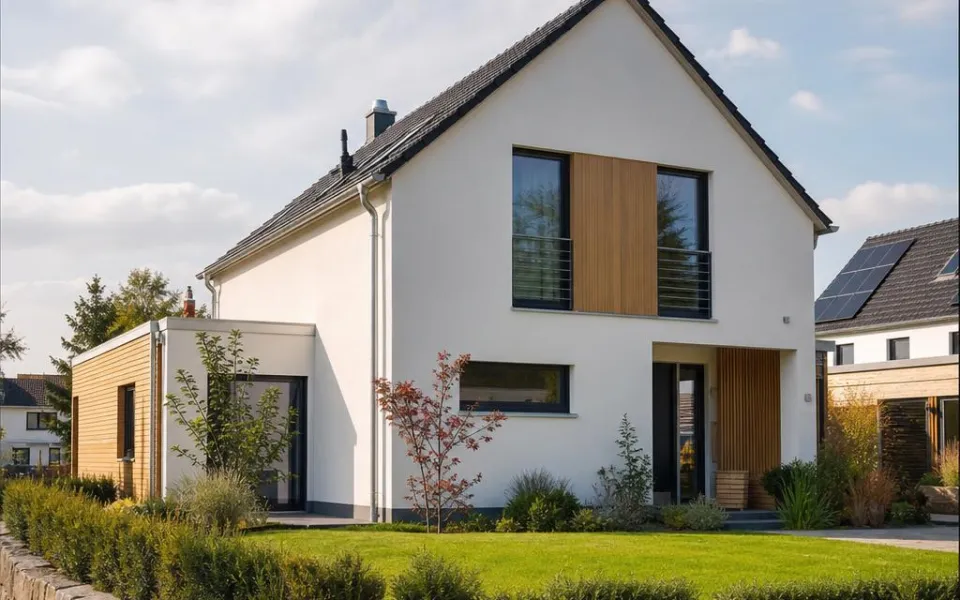 Freistehendes Einfamilienhaus als Fertighaus mit Satteldach und Holzelementen in einer Schweizer Wohnzone Freistehendes Einfamilienhaus als Fertighaus mit Satteldach und Holzelementen in einer Schweizer Wohnzone