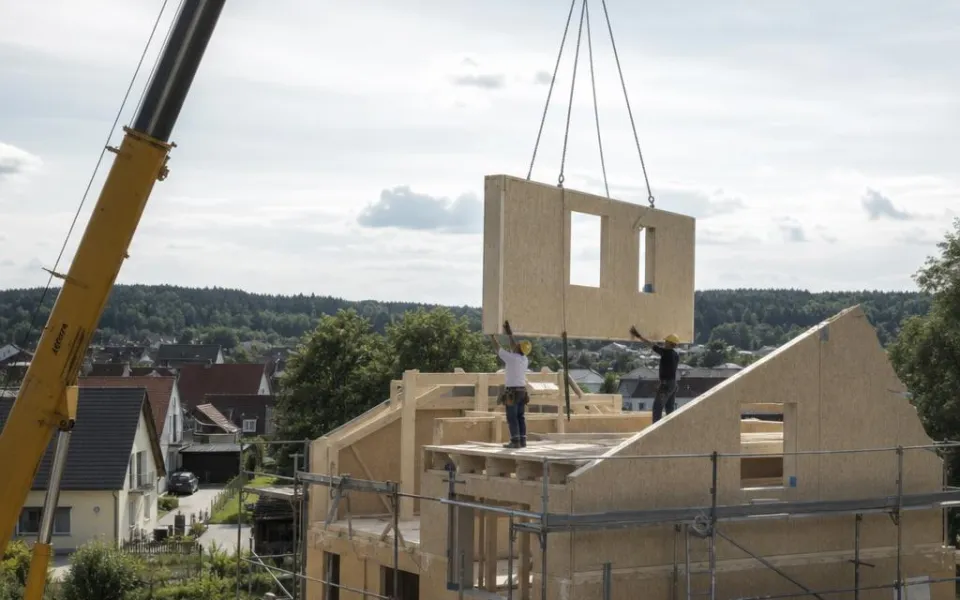 Fertighaus-Montage: Kran hebt ein vorgefertigtes Wandelement auf die Baustelle in der Schweiz Fertighaus-Montage: Kran hebt ein vorgefertigtes Wandelement auf die Baustelle in der Schweiz