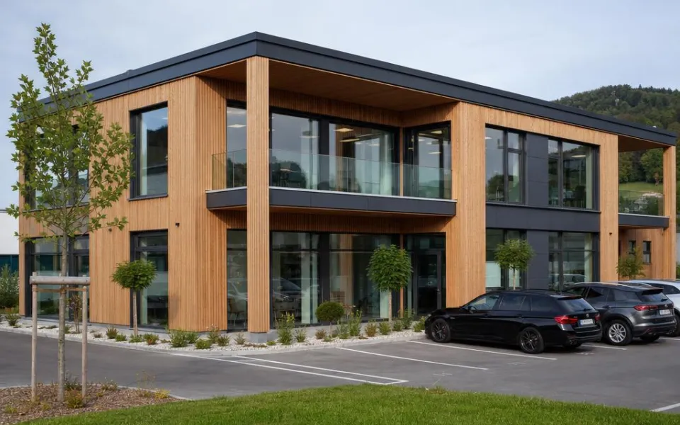 Bürogebäude in Holz-Hybrid-Bauweise als gewerblicher Fertigbau in der Schweiz zum Festpreis Bürogebäude in Holz-Hybrid-Bauweise als gewerblicher Fertigbau in der Schweiz zum Festpreis