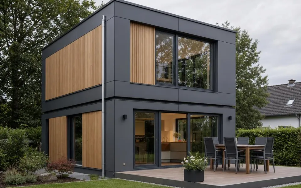 Modulhaus aus zwei gestapelten Raummodulen mit anthrazitfarbener Holzfassade schlüsselfertig Modulhaus aus zwei gestapelten Raummodulen mit anthrazitfarbener Holzfassade schlüsselfertig