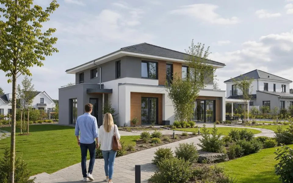 Paar auf dem Weg durch eine Musterhaus-Ausstellung zu einem modernen Schweizer Ausstellungshaus Paar auf dem Weg durch eine Musterhaus-Ausstellung zu einem modernen Schweizer Ausstellungshaus