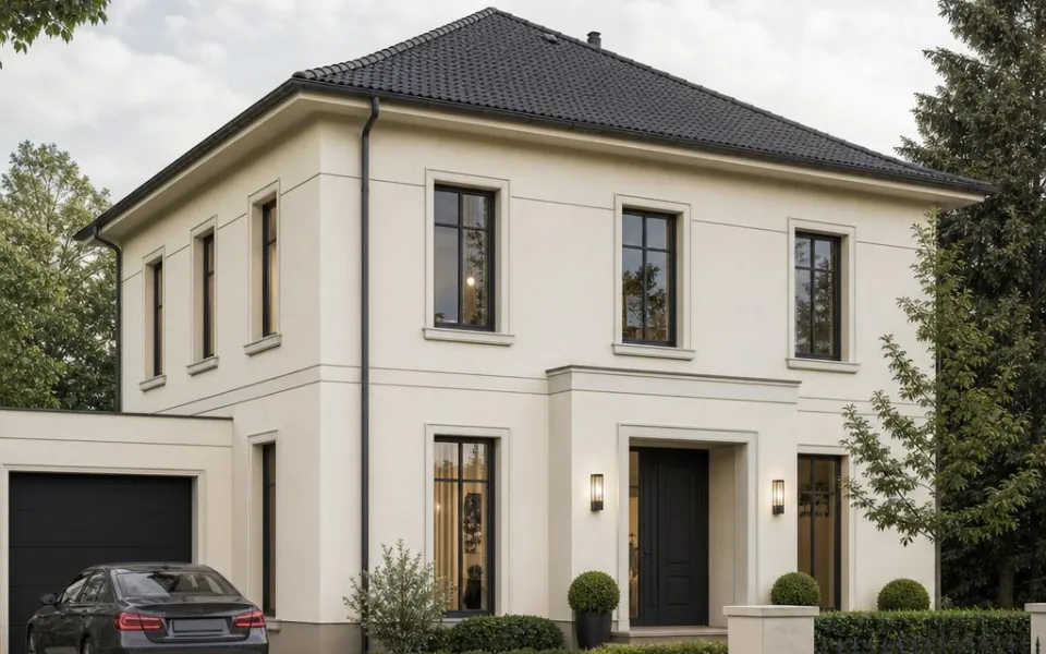 Stadtvilla mit Walmdach und zwei Vollgeschossen als Fertighaus in einer Schweizer Agglomeration Stadtvilla mit Walmdach und zwei Vollgeschossen als Fertighaus in einer Schweizer Agglomeration