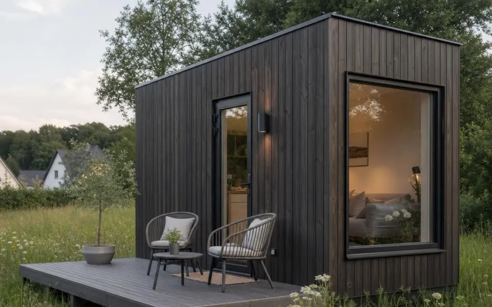 Tiny House mit dunkler Holzfassade und kleiner Terrasse als kompaktes Minihaus in der Schweiz Tiny House mit dunkler Holzfassade und kleiner Terrasse als kompaktes Minihaus in der Schweiz