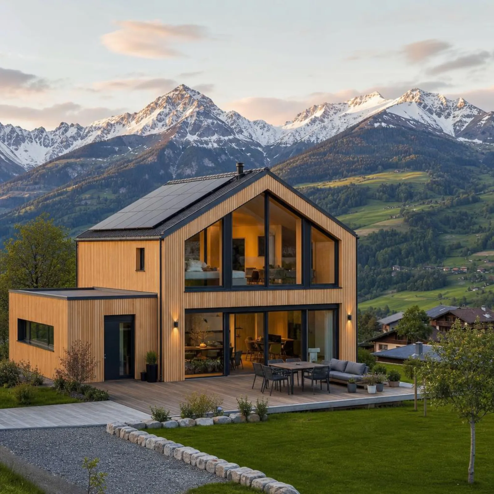 Fertighaus in der Schweiz: modernes Eigenheim mit Holzfassade Modernes Fertighaus mit Holzfassade und grossen Fensterflächen in der Schweizer Abendsonne – Neubau-Inspiration für Bauherrschaften