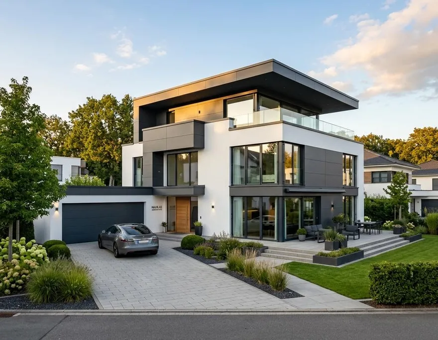 Fertighaus-Beispiel: moderne Architektur im Schweizer Neubau Modernes Fertighaus mit klarer Architektur als Beispiel für einen Neubau in der Schweiz